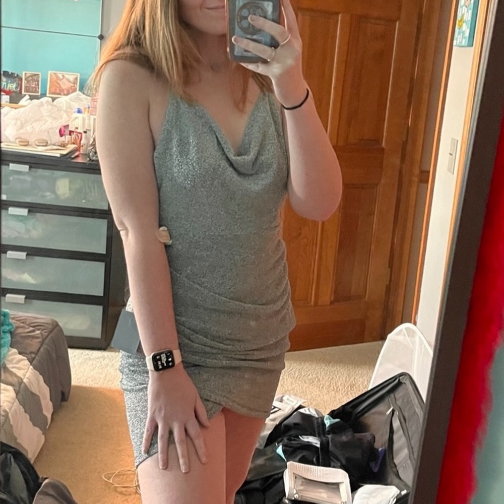 Lulus Cowl Neck Silver Sparkle Wrap Dress